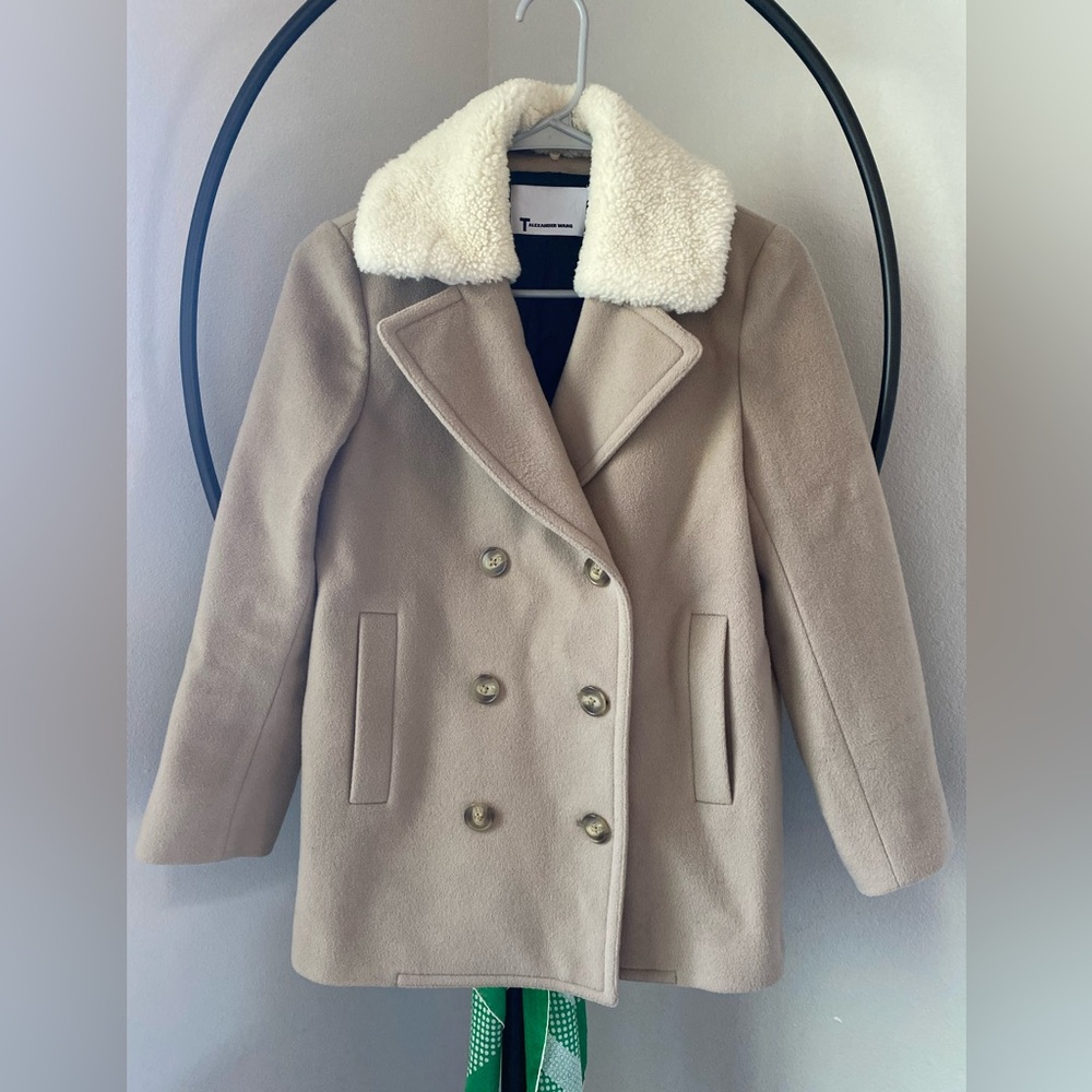 T by Alexander Wang Cream detouchable Shearling-Collar Double-Breasted Coat